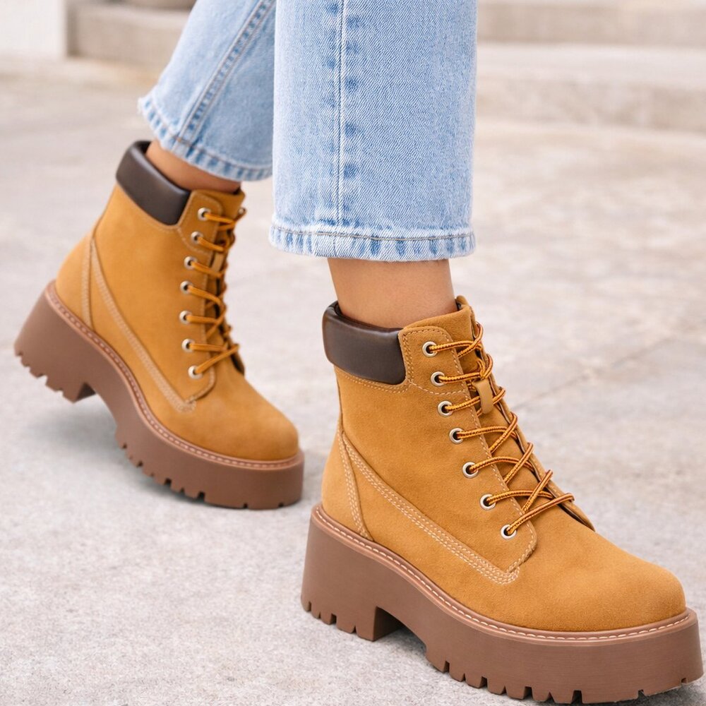 Mustard Yellow Platform Combat Boots | Chunky Lug Sole Lace-Up Size 8.5